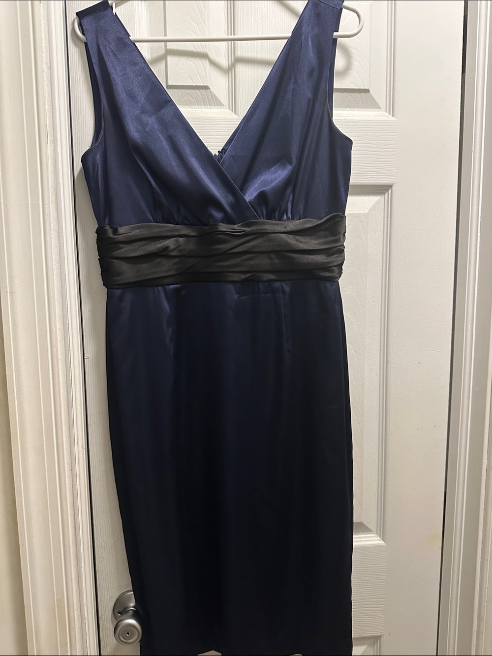 Eliza J Navy Satin V-Neck Midi Dress with Black Waist Sash